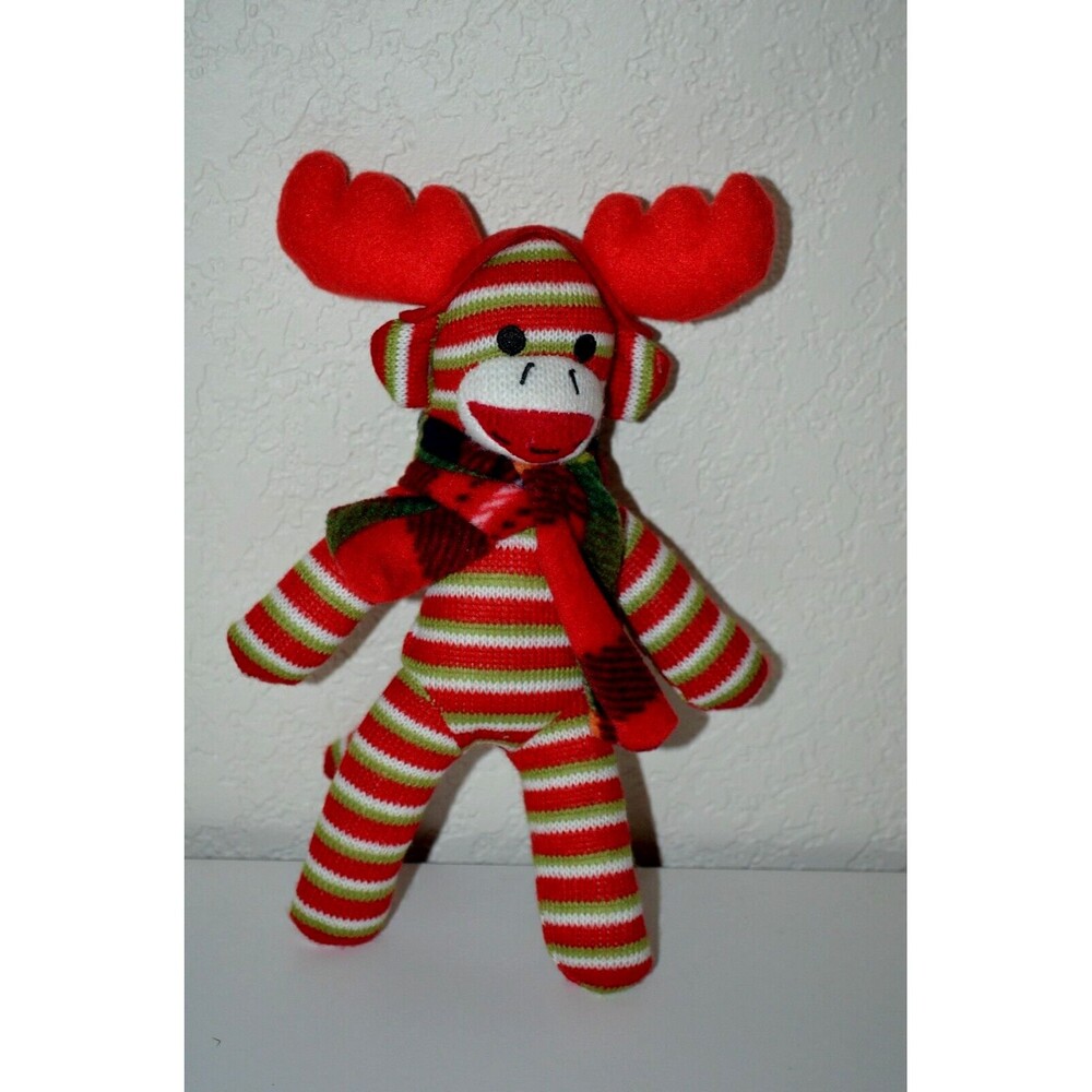 Christmas Sock Monkey Plush Red White Green Reindeer Antlers Plaid Scarf 9"